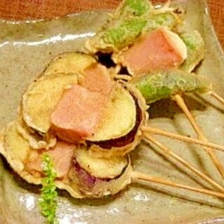 魚肉ソーと茄子、シシトウの串天